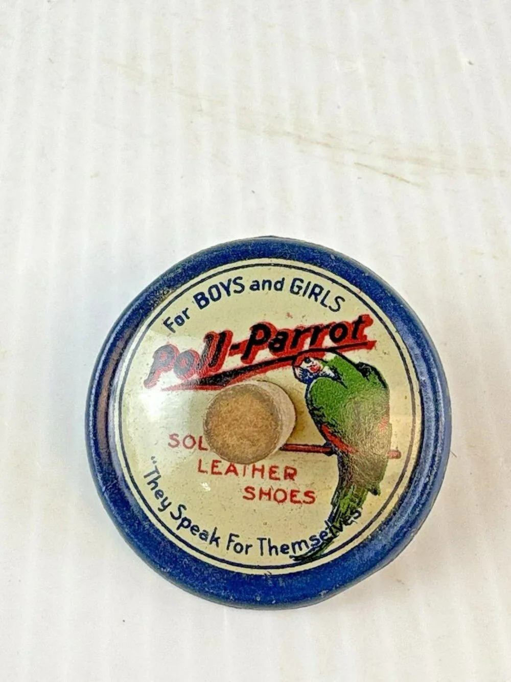 Antique Poll-Parrot Shoes Advertising Tin Spinning Top, 1.25in, UA-51, Vtg